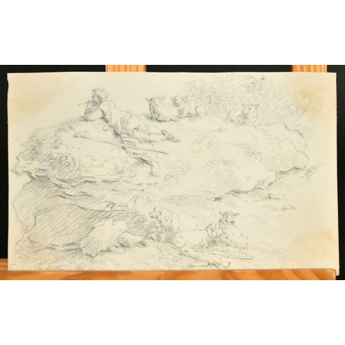 192 - Circle of J.B. Pillement, A shepherd boy playing a pipe, his flock nearby, pencil drawing, 4.5