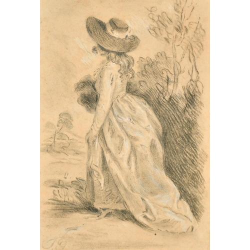193 - Follower of Thomas Gainsborough, A lady in a landscape, charcoal with white heightening, bears initi... 
