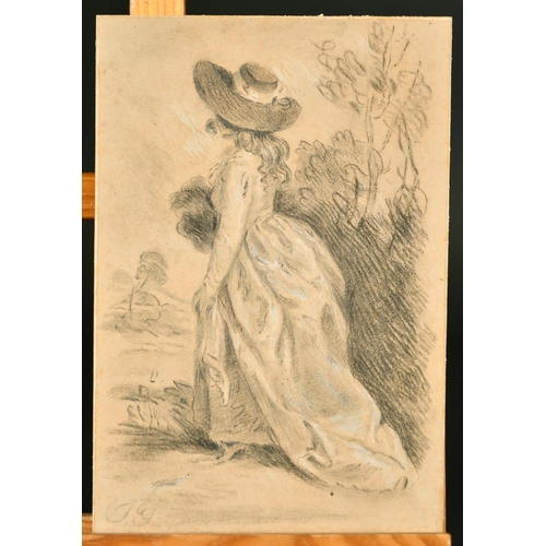 193 - Follower of Thomas Gainsborough, A lady in a landscape, charcoal with white heightening, bears initi... 