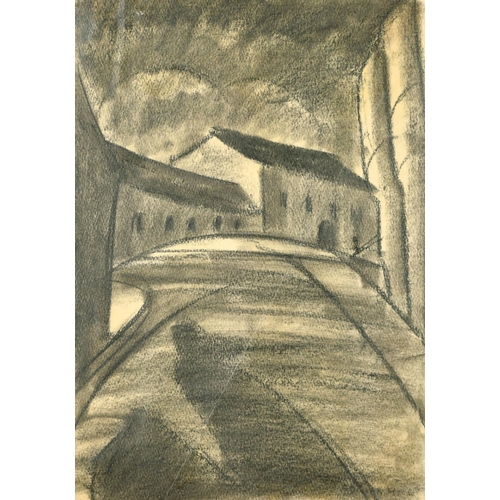 196 - Adrian Hill, an empty street, charcoal, signed, 15.25