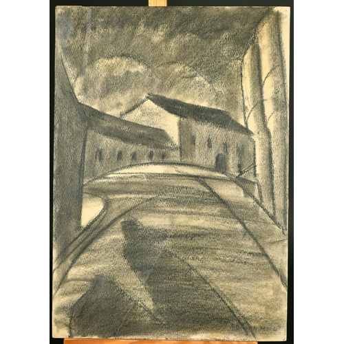 196 - Adrian Hill, an empty street, charcoal, signed, 15.25