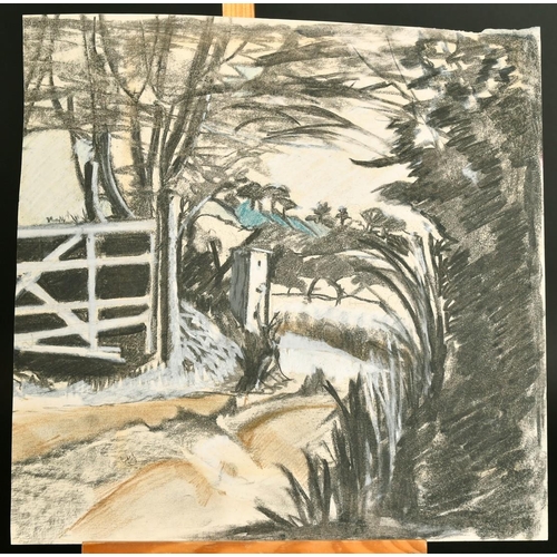 196 - Adrian Hill, an empty street, charcoal, signed, 15.25