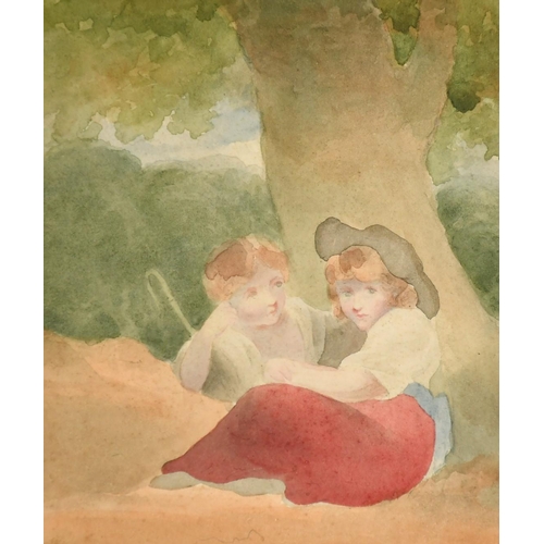 197 - English School 19th Century, A young shepherd boy and girl seated by a tree, 4