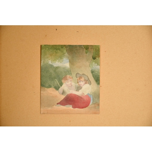 197 - English School 19th Century, A young shepherd boy and girl seated by a tree, 4