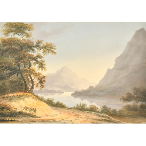 198 - Circle of William Turner of Oxford, Highland Lake scene at sunset, watercolour, 10
