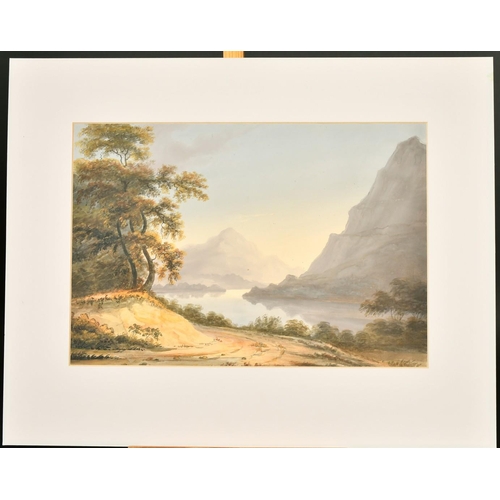 198 - Circle of William Turner of Oxford, Highland Lake scene at sunset, watercolour, 10