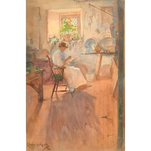 204 - Edward Read, Circa 1891, female figure seated in a cottage interior, watercolour, signed and dated, ... 