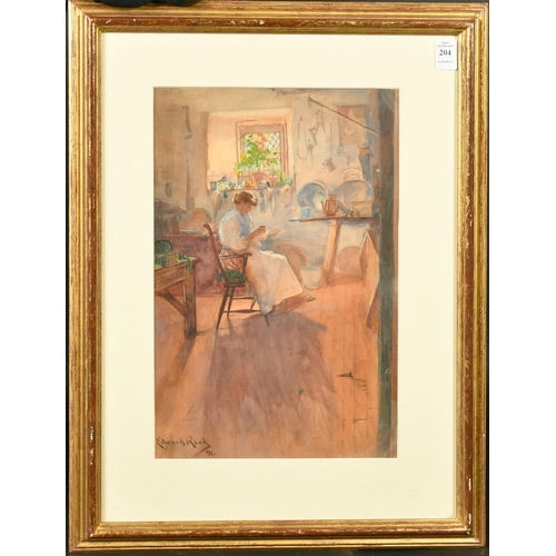 204 - Edward Read, Circa 1891, female figure seated in a cottage interior, watercolour, signed and dated, ... 