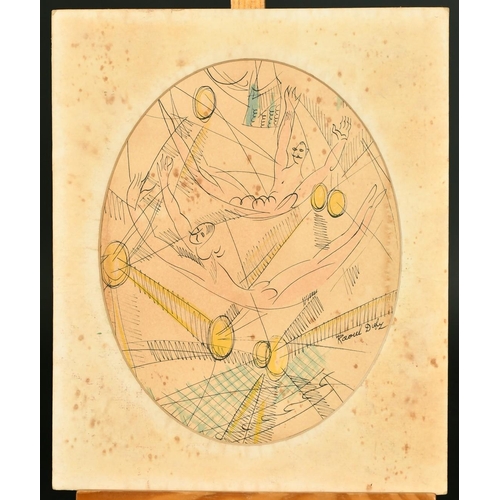 206 - After Raoul Dufy, acrobats in a circus, ink and watercolour, bears signature, 9.5