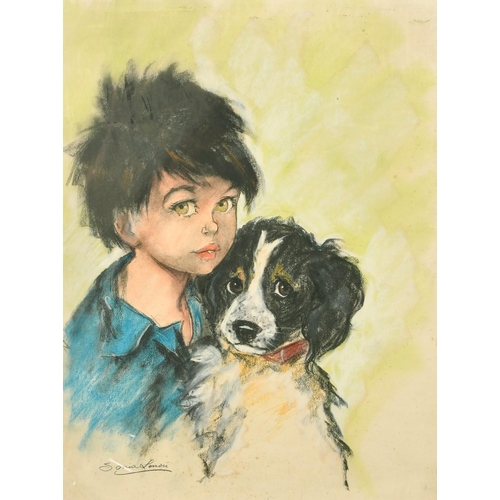207 - Sonia Lenon, French, a pastel study of a young girl and her dog, signed, 24