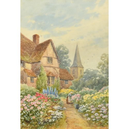 222 - Harold Lawes (1865 - 1940) British, a lady tending flowers in a cottage garden, watercolour, signed,... 
