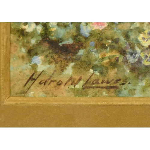 222 - Harold Lawes (1865 - 1940) British, a lady tending flowers in a cottage garden, watercolour, signed,... 