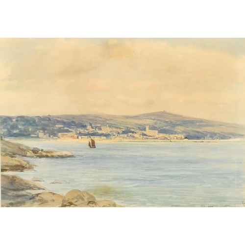 224 - 19th Century English school, a view of a traditional boat at sea with a port beyond, watercolour, in... 