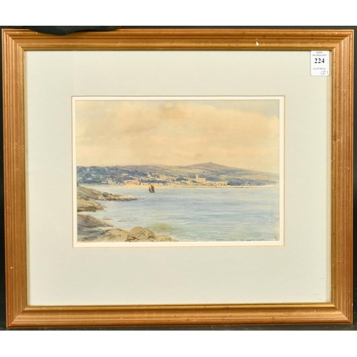 224 - 19th Century English school, a view of a traditional boat at sea with a port beyond, watercolour, in... 