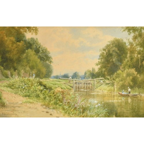 227 - F. G. Coleridge (19th Century) British, figures on a boat approaching a lock, watercolour, 5.75
