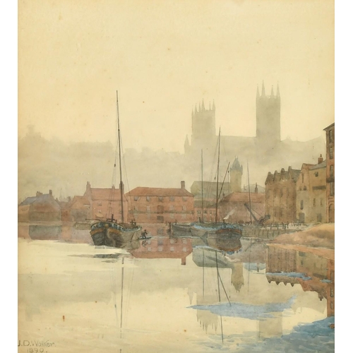 231 - J. D. Walker, Circa 1890, barges moored in a town harbour, watercolour, signed and dated, 15