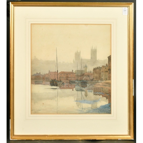 231 - J. D. Walker, Circa 1890, barges moored in a town harbour, watercolour, signed and dated, 15