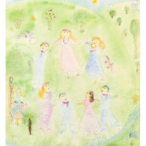 238 - Dora Holzhandler (1928-2015) British, figures dancing in a garden, watercolour, 16.5