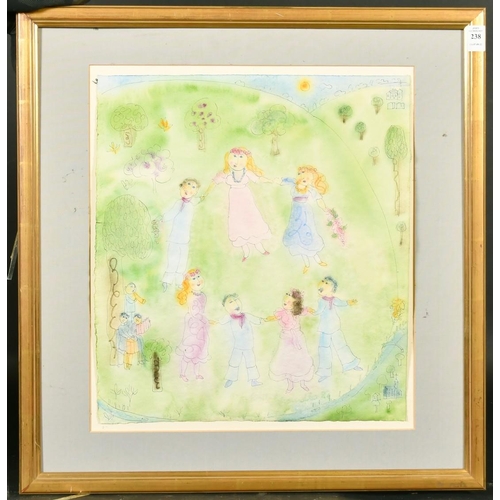 238 - Dora Holzhandler (1928-2015) British, figures dancing in a garden, watercolour, 16.5