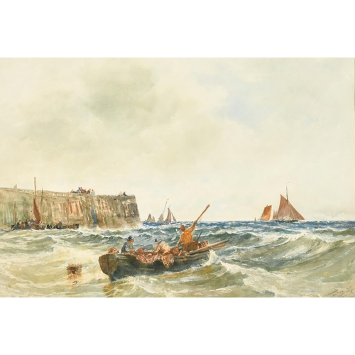 240 - Thomas Bush Hardy (1842-1897) British, figures in a rowing boat in a choppy sea by a harbour, waterc... 