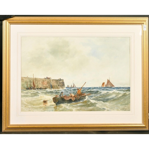 240 - Thomas Bush Hardy (1842-1897) British, figures in a rowing boat in a choppy sea by a harbour, waterc... 
