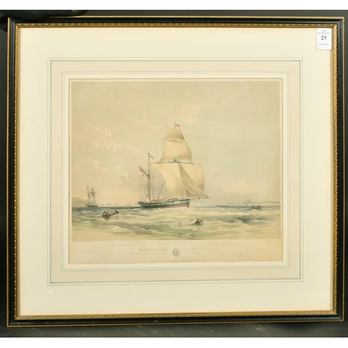 25 - Hawkins after Condy, 19th Century hand coloured lithograph of the yacht, Kestrel, 10.5