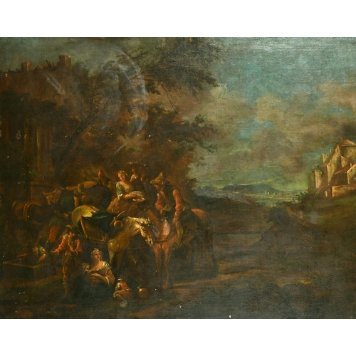 326 - 18th Century School, Wayfarers resting by buildings with a lake view beyond, oil on canvas, 30