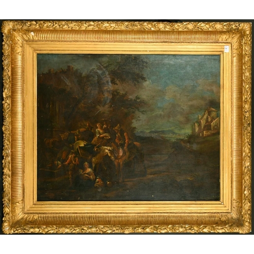 326 - 18th Century School, Wayfarers resting by buildings with a lake view beyond, oil on canvas, 30