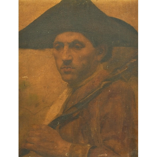 328 - Circle of S.L. Fildes, Portrait study of a man wearing a tricorne hat, oil on canvas laid on board, ... 