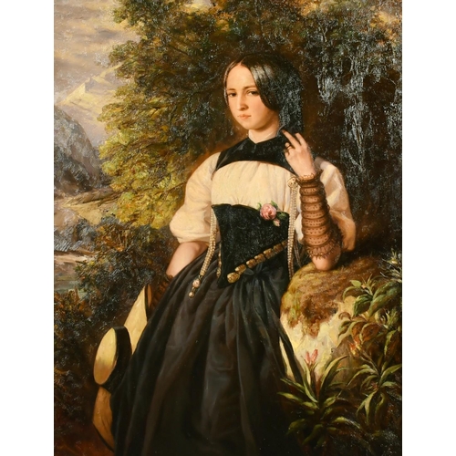 335 - 20th Century Portrait of a lady standing in a landscape leaning against of moss-covered rock, oil on... 