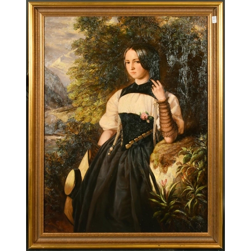 335 - 20th Century Portrait of a lady standing in a landscape leaning against of moss-covered rock, oil on... 