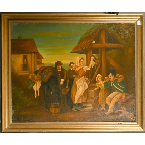 336 - 19th Century Primitive School, A family group by a well, oil on canvas, 28