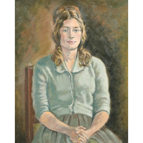 344 - F.C.W (20th Century) Portrait of Sarah, with long light brown hair, oil on board, initialled, inscri... 