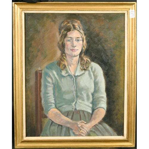 344 - F.C.W (20th Century) Portrait of Sarah, with long light brown hair, oil on board, initialled, inscri... 