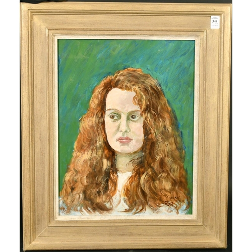 344 - F.C.W (20th Century) Portrait of Sarah, with long light brown hair, oil on board, initialled, inscri... 