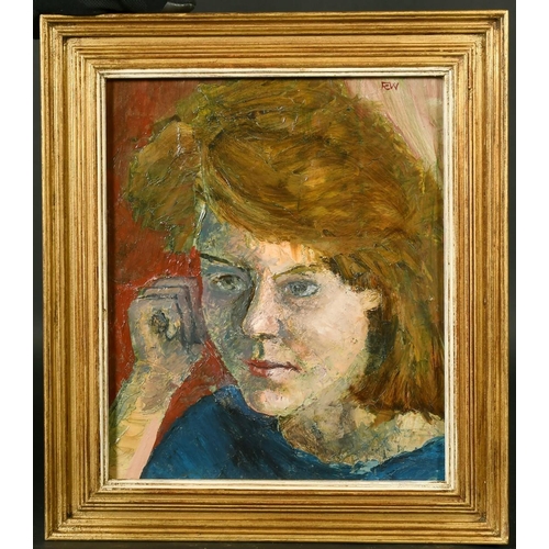 345 - Fred Williams (20th Century) Head study of a girl with hand on cheek, oil on board, signed verso, 12... 