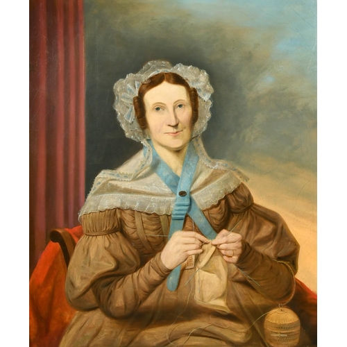 347 - 19th Century, Portrait of a seated lady knitting, oil on canvas, 30