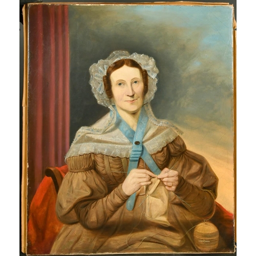 347 - 19th Century, Portrait of a seated lady knitting, oil on canvas, 30