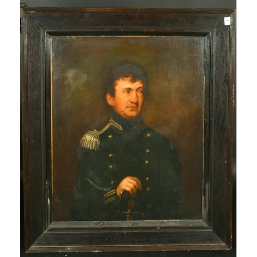 348 - 19th Century French, Portrait of a cavalry Lieutenant in uniform with hand on his sword, oil on canv... 