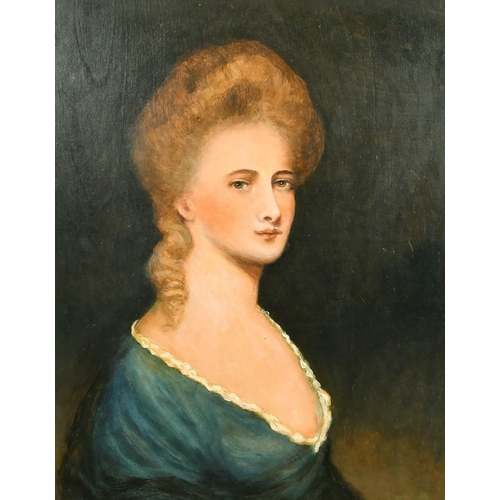 351 - English School, Portrait of a lady wearing a blue dress edged in white trim, oil on board, 24