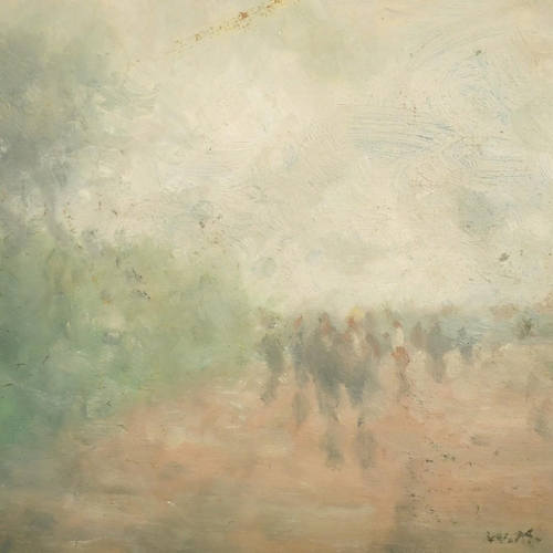 353 - William Mason, Figures in a misty landscape, oil on board, initialled, 7.75