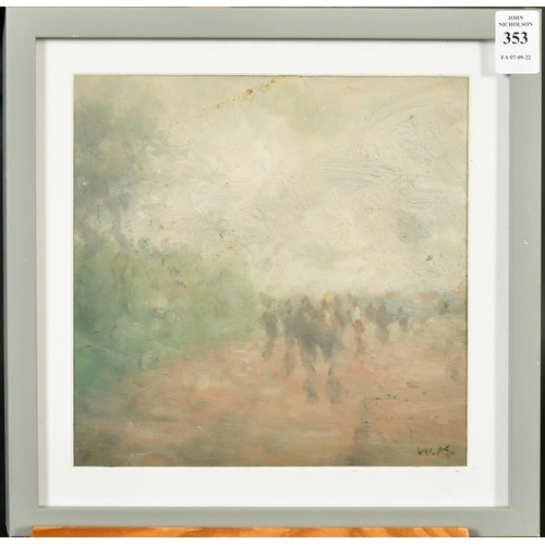 353 - William Mason, Figures in a misty landscape, oil on board, initialled, 7.75