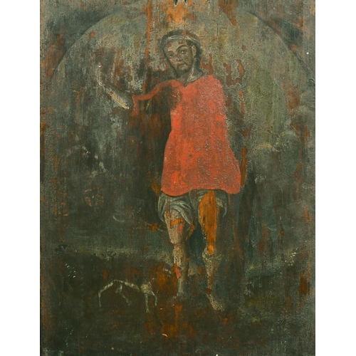 357 - 18th Century, Probably Spanish, standing figure with a dog, oil on panel, unframed, 19.5