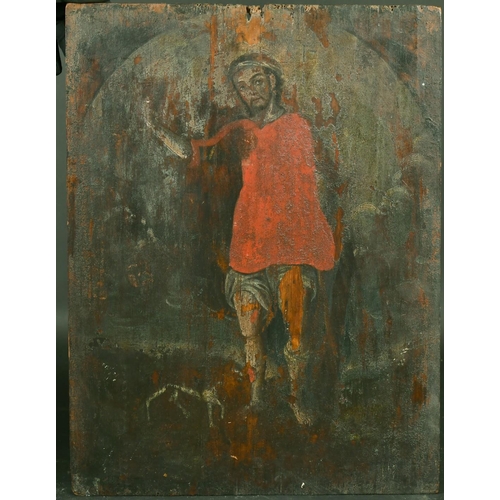 357 - 18th Century, Probably Spanish, standing figure with a dog, oil on panel, unframed, 19.5