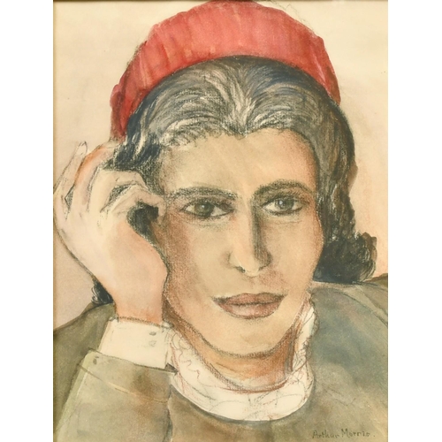 492 - James Arthur Morris (20th Century) British, a head study of a female figure, watercolour and gouache... 