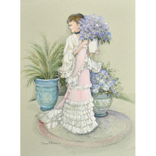 497 - James Arthur Morris (20th Century) British, an elegant lady holding flowers, watercolour, signed, 16... 