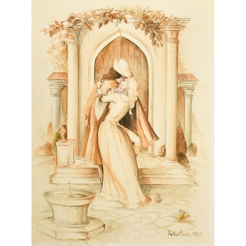 499 - James Arthur Morris (20th Century) British, figures in embrace outside a church, watercolour, signed... 