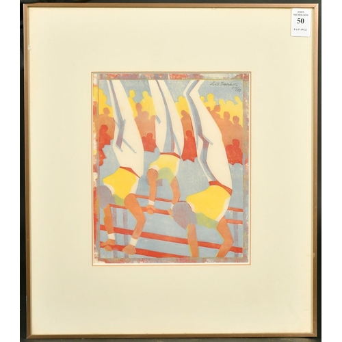 50 - Lill Tschudi (1911-2004) gymnasts on parallel bars, linocut, signed and numbered 10/50, 8.25