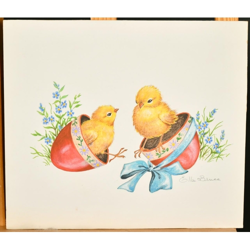 71 - Ella Bruce (20th Century) Two chicks, one egg, watercolour, signed in pencil, 7