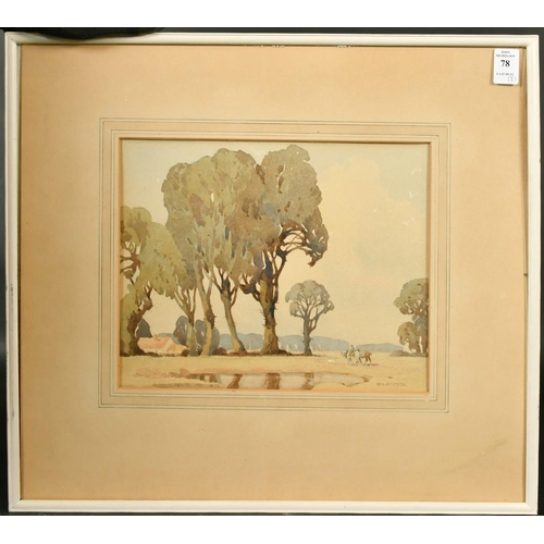 78 - W.H. Jackson, A farmer returning from the fields with horses, watercolour, signed, 8.75